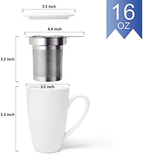 amhomel Porcelain Tea Mug with Infuser and Lid, 16 Ounce Ceramic Tea Cup for Loose Leaf, Coffee, Cocoa and Milk, Tea Gift for Tea Lovers, Set of 2(White)