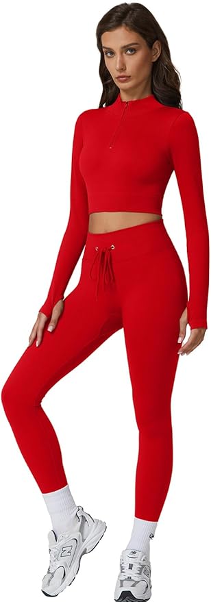 QINSEN Workout Sets for Women 2 Piece Seamless Long Sleeve Crop Tops Ribbed High Waist Leggings