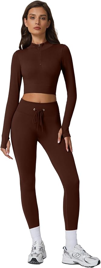 QINSEN Workout Sets for Women 2 Piece Seamless Long Sleeve Crop Tops Ribbed High Waist Leggings