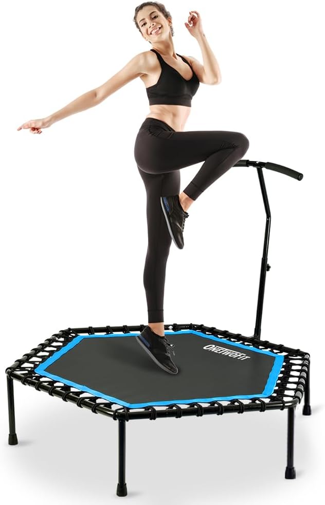 ONETWOFIT 48" Silent Mini Trampoline with Adjustable Handle Bar Fitness Trampoline Bungee Rebounder Jumping Cardio Trainer Workout for Adults