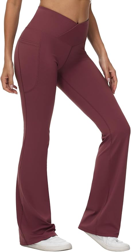 baleaf Women's V Crossover Flare Leggings with Pockets Yoga Pants High Waist Casual Workout Gym Bell Bottom Leggings