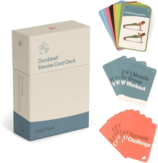 Dumbbell Elevate Exercise Cards: Home Workout Series Card Deck - Comprehensive At-Home Fitness System with 65 Exercises, 8 Bonus Challenges, and 4 Unique Workout Formats.