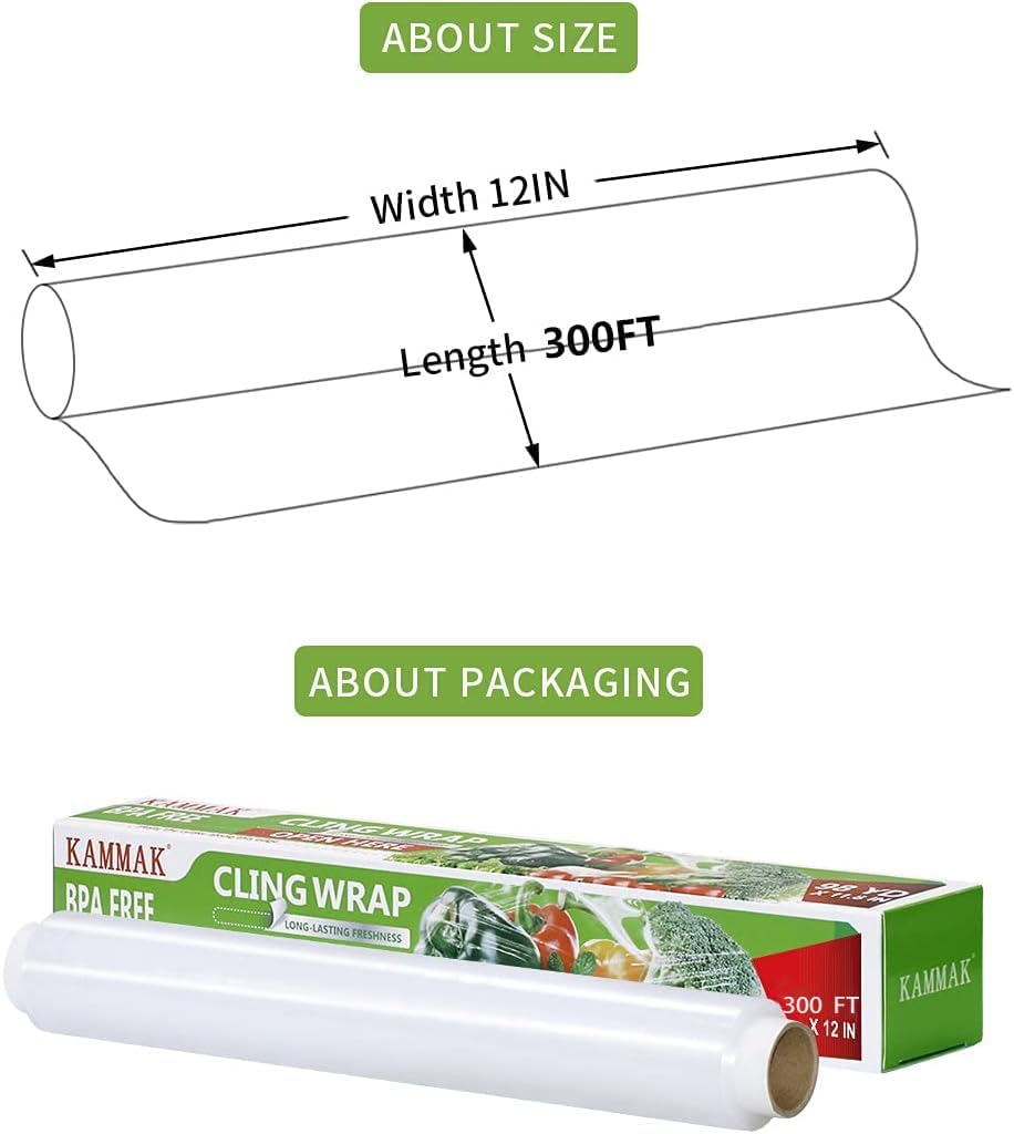 KAMMAK Plastic Wrap with Slide Cutter - 4 Pack 12 inch Clear Cling Film, 300 Square FT Roll - BPA Free, Microwave Safe, Quick Cut Kitchen Wrap