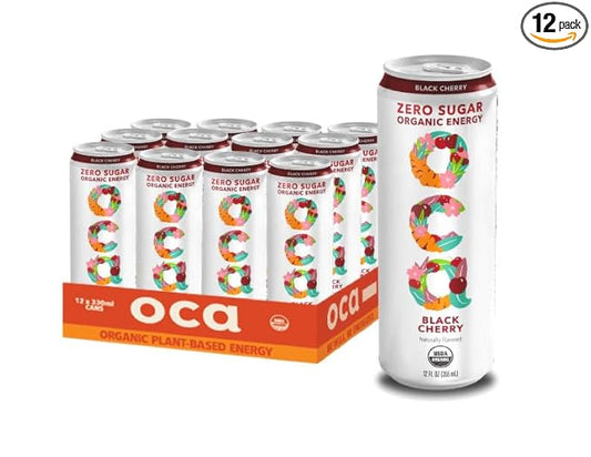 OCA ZERO Black Cherry, Organic energy drink, zero sugar, gluten-free, vegan plant-based, 12 Fl Oz (12-pack)