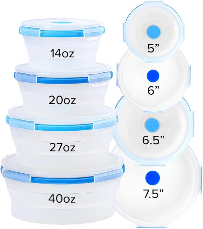 Collapsible Silicone Food Storage Containers, BPA Free, Microwave, Freezer and Dishwasher Safe, Lunch, Meal Prep, Travel, Space-Saving