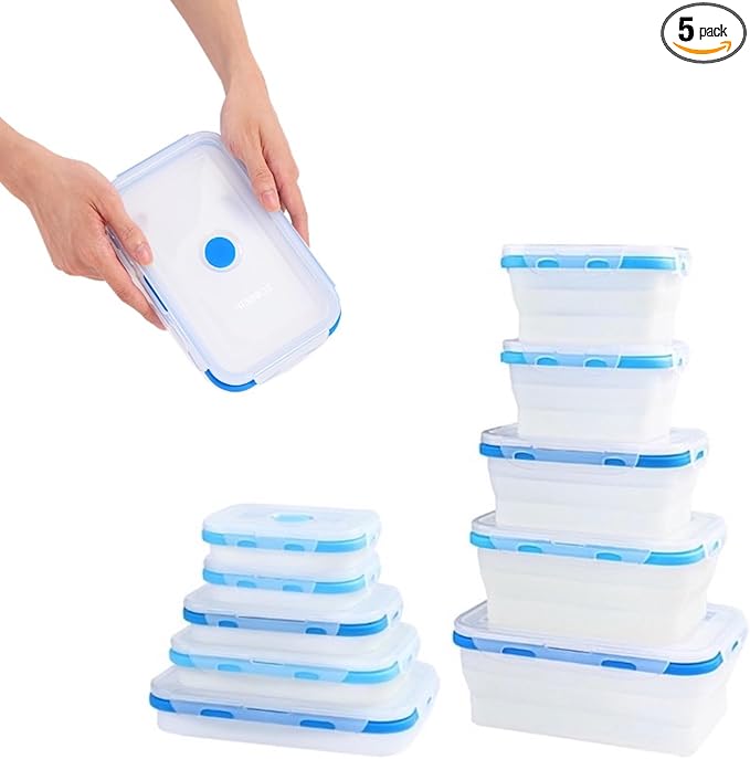 Collapsible Silicone Food Storage Containers, BPA Free, Microwave, Freezer and Dishwasher Safe, Lunch, Meal Prep, Travel, Space-Saving, Set of 5