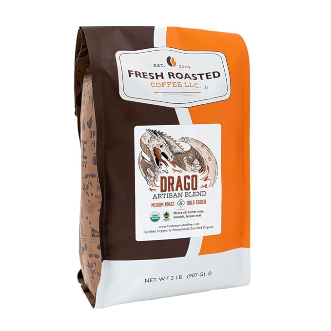 Fresh Roasted Coffee, Organic Drago Café Blend | USDA Organic, Kosher | Medium Roast 2 lb (32 oz) Whole Bean
