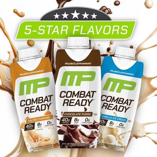 MusclePharm Combat Ready High Protein Shakes Ready to Drink, 40g Protein, 8g BCAAs, 8.7g Glutamine, 5g Fiber, No Added Sugar, Gluten Free, Vanilla Ice Cream, 17 Fl Oz (Pack of 12)