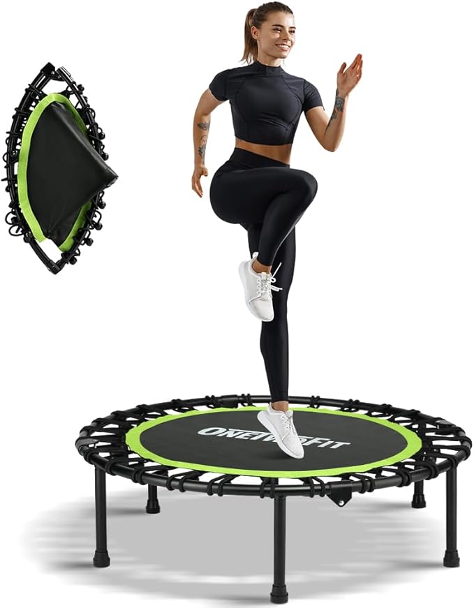 ONETWOFIT Foldable Rebounder Trampoline for Adults, 40/42/45” Mini Fitness Trampoline W/Adjustable Foam Handle Bungees, Quiet Exercise Trampoline for Personal Indoor Workout