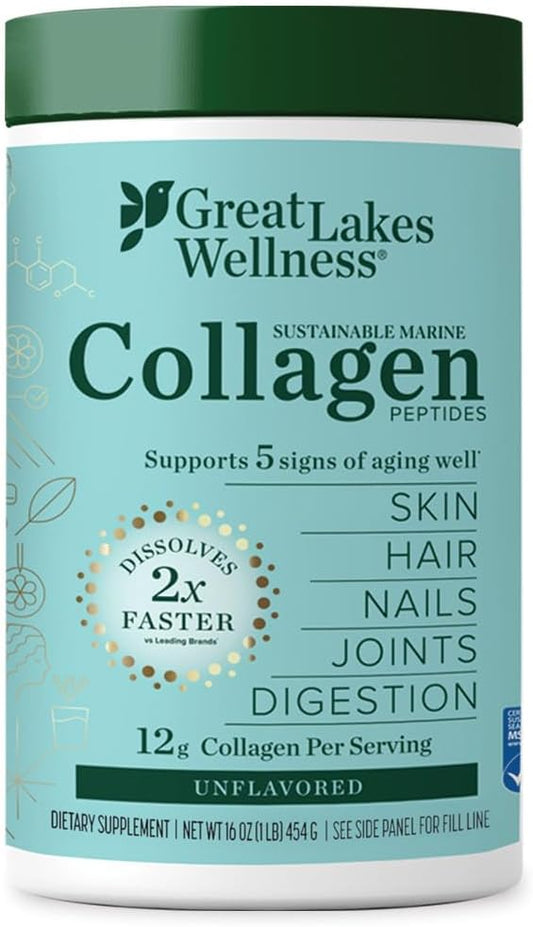 Great Lakes Wellness Sustainable Marine Collagen Peptides Powder for Skin, Hair, Nails, Joints & Digestion - Unflavored - Quick Dissolve Hydrolyzed, Wild Caught, MSC Certified, Non-GMO, Kosher - 16 oz