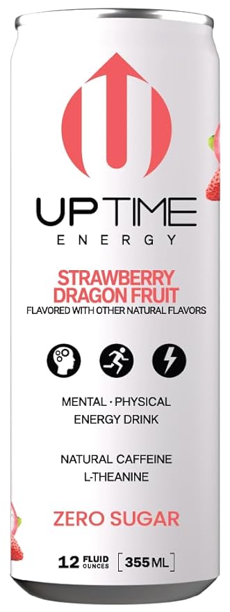 UPTIME Energy Drink, Strawberry Dragon Fruit Sparkling, 12 Pack, Vitamin C, L Theanine, Calcium, Sugar Free Energy Drinks for Focus Support, 142mg Natural Caffeine, 0 Calories, Natural, 12 fl oz Cans