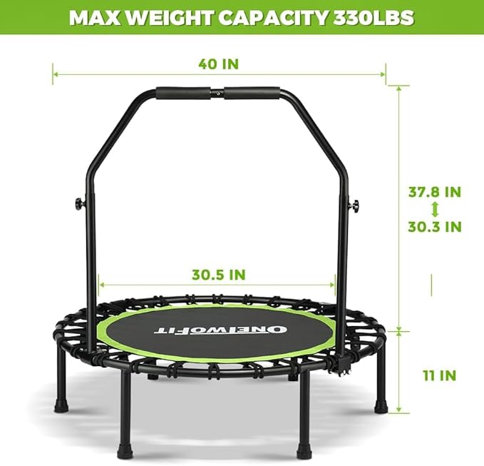 ONETWOFIT Foldable Rebounder Trampoline for Adults, 40/42/45” Mini Fitness Trampoline W/Adjustable Foam Handle Bungees, Quiet Exercise Trampoline for Personal Indoor Workout