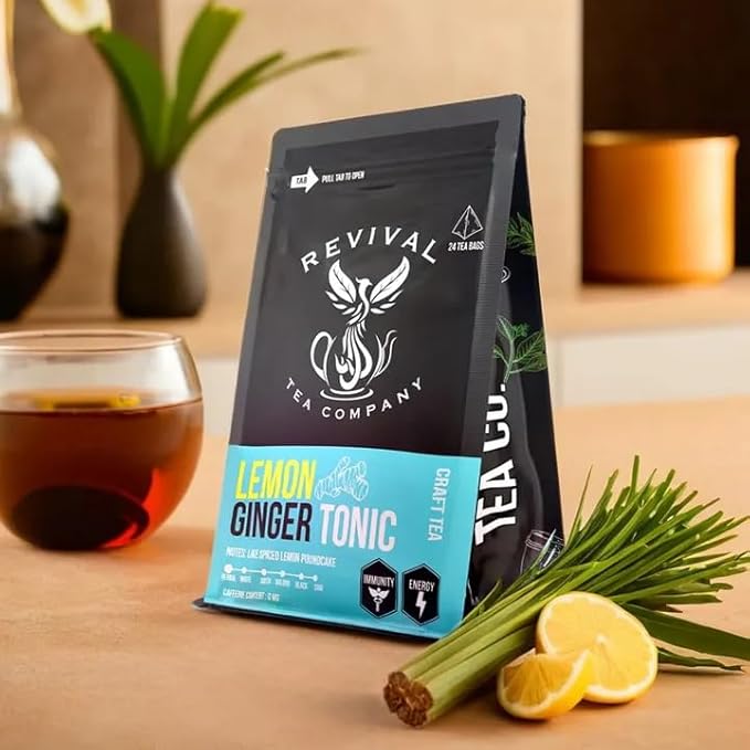 Revival Tea Company Lemon Ginger Tonic - Caffeine Free Tea Blend with Lemongrass and - Loose Leaf 5 Ounces