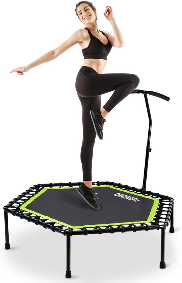 ONETWOFIT 48" Silent Mini Trampoline with Adjustable Handle Bar Fitness Trampoline Bungee Rebounder Jumping Cardio Trainer Workout for Adults