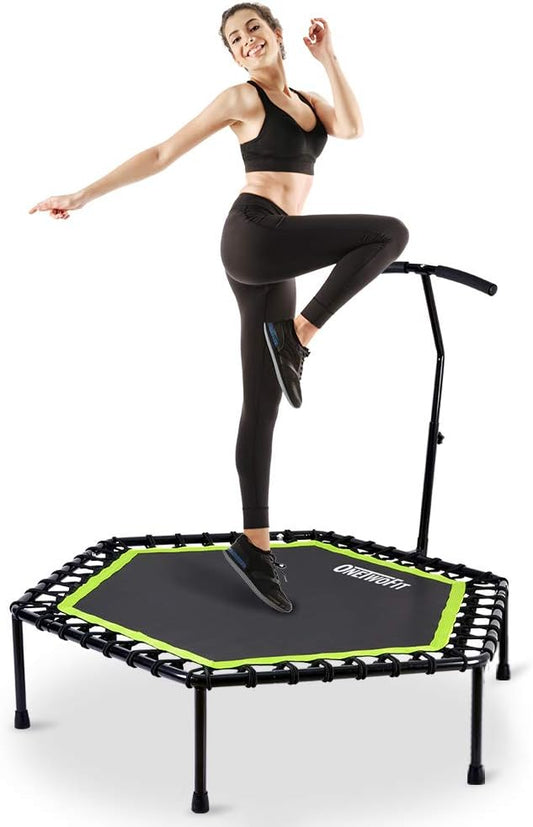 ONETWOFIT 48" Silent Mini Trampoline with Adjustable Handle Bar Fitness Trampoline Bungee Rebounder Jumping Cardio Trainer Workout for Adults