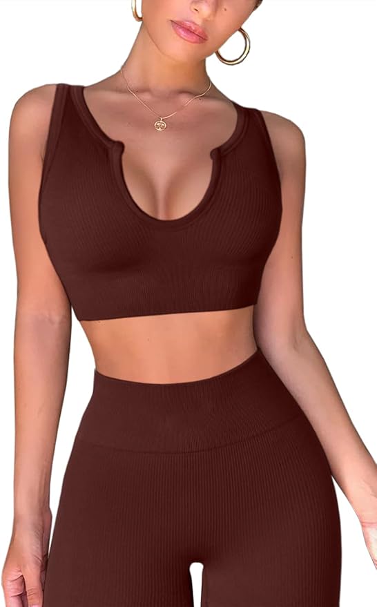 QINSEN Workout Outfits for Women 2 Piece Ribbed Seamless Crop Tank High Waist Yoga Leggings Sets