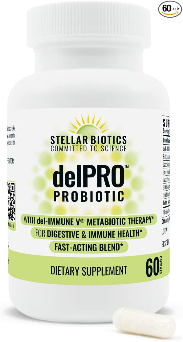 Stellar Biotics - Delpro Probiotic (+ Del-Immune V & Prebiotic Blend) Promotes Optimal Gut Health, Digestion, Immune Support & Mood (60 Capsules)