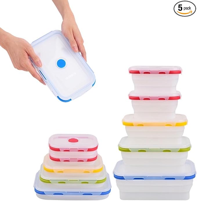 Collapsible Silicone Food Storage Containers, BPA Free, Microwave, Freezer and Dishwasher Safe, Lunch, Meal Prep, Travel, Space-Saving, Set of 5