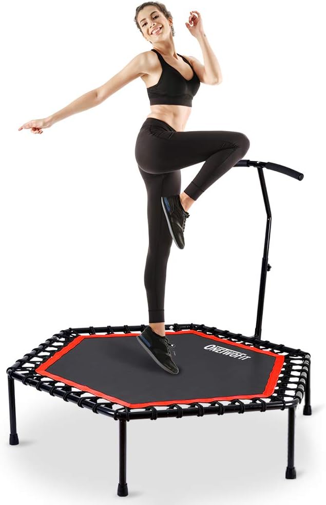 ONETWOFIT 48" Silent Mini Trampoline with Adjustable Handle Bar Fitness Trampoline Bungee Rebounder Jumping Cardio Trainer Workout for Adults
