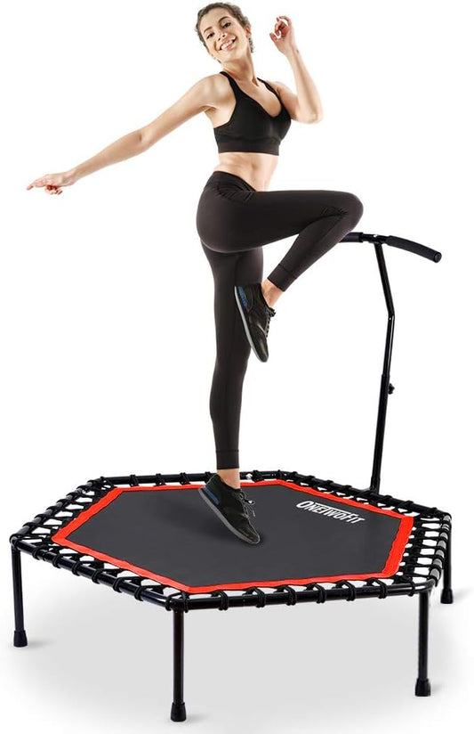 ONETWOFIT 48" Silent Mini Trampoline with Adjustable Handle Bar Fitness Trampoline Bungee Rebounder Jumping Cardio Trainer Workout for Adults