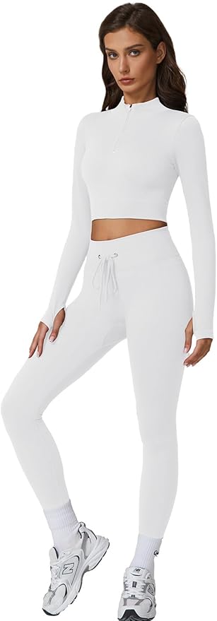 QINSEN Workout Sets for Women 2 Piece Seamless Long Sleeve Crop Tops Ribbed High Waist Leggings
