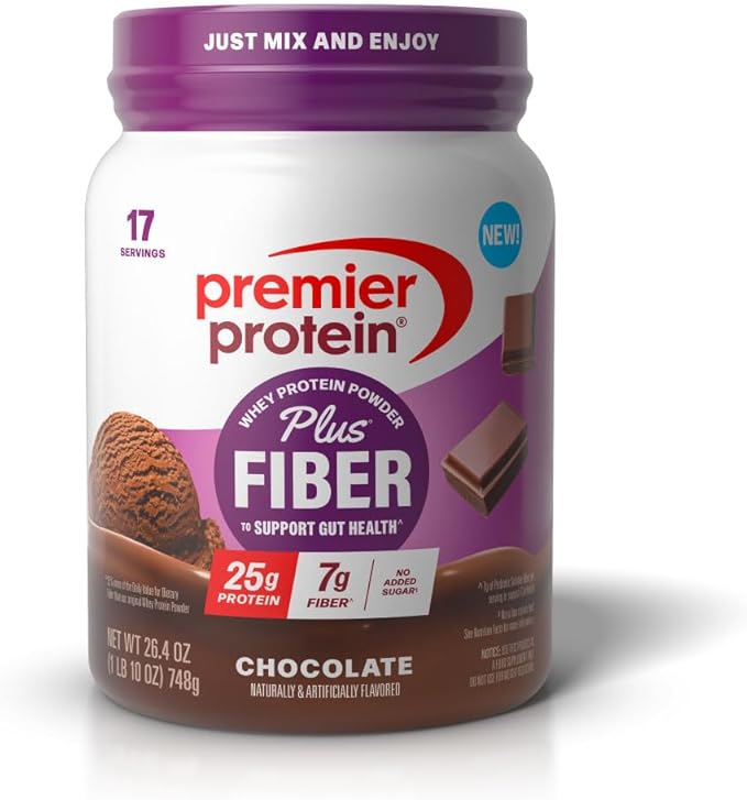 Premier Protein Powder Plus Fiber, 25g Protein, 7g Fiber, Chocolate, No Added Sugar,17 Servings