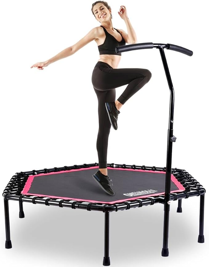 ONETWOFIT 48" Silent Mini Trampoline with Adjustable Handle Bar Fitness Trampoline Bungee Rebounder Jumping Cardio Trainer Workout for Adults