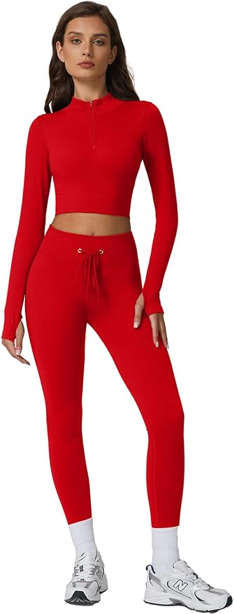 QINSEN Workout Sets for Women 2 Piece Seamless Long Sleeve Crop Tops Ribbed High Waist Leggings