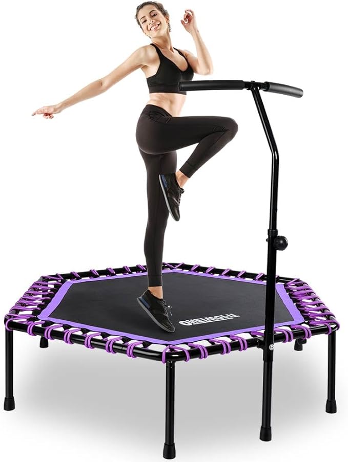 ONETWOFIT 48" Silent Mini Trampoline with Adjustable Handle Bar Fitness Trampoline Bungee Rebounder Jumping Cardio Trainer Workout for Adults