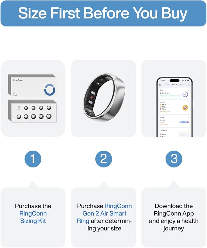 RingConn Gen 2 Air, Ultra-Thin AI Smart Ring, 10-Day Battery Life, Fitness/Sleep/Stress/HR Tracker for Women&Men, No App Fee for Standard Features, iOS & Android Compatible (Size 6, Galaxy Sliver)