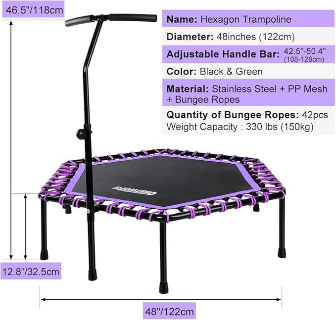 ONETWOFIT 48" Silent Mini Trampoline with Adjustable Handle Bar Fitness Trampoline Bungee Rebounder Jumping Cardio Trainer Workout for Adults