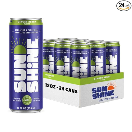Sunshine Sparkling Energy Drink, Ginger Berry with Daily Essential Vitamins, 360mg of Electrolytes, 70mg of Natural Caffeine, 12 Fl Oz (Pack of 24)