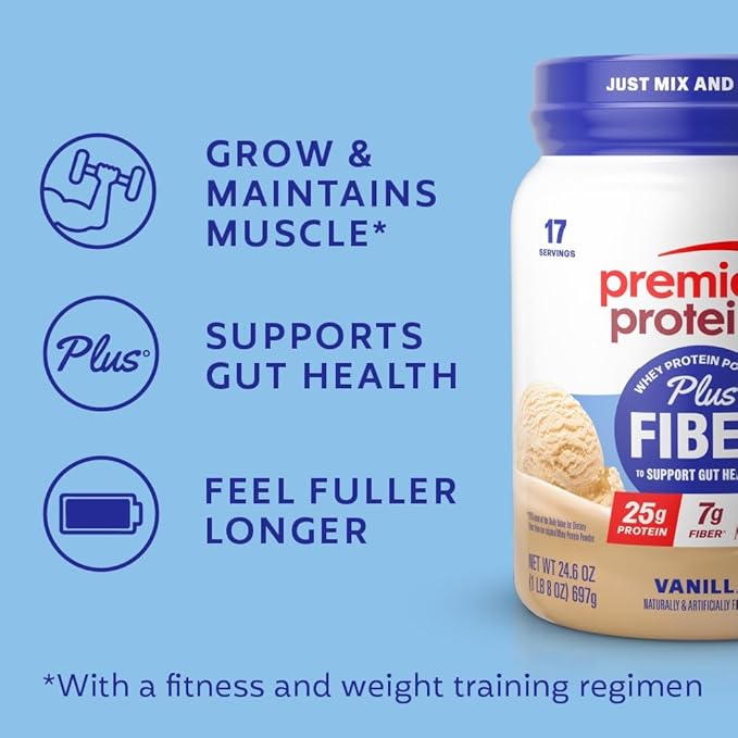 Premier Protein Powder Plus Fiber, 25g Protein, 7g Fiber, Vanilla, No Added Sugar,17 Servings
