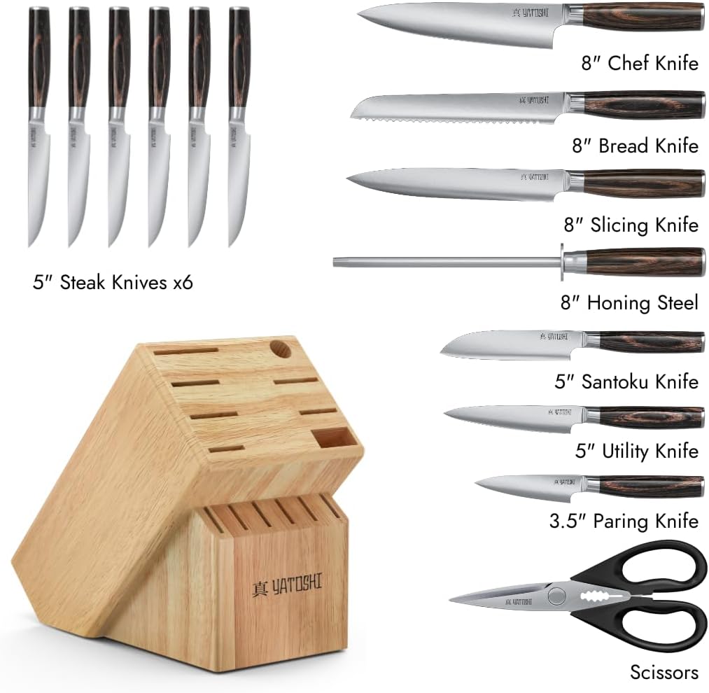 Yatoshi 15 Piece Knife Block Set - Pro Kitchen Knife Set Ultra Sharp High Carbon Stainless Steel with Ergonomic Handle
