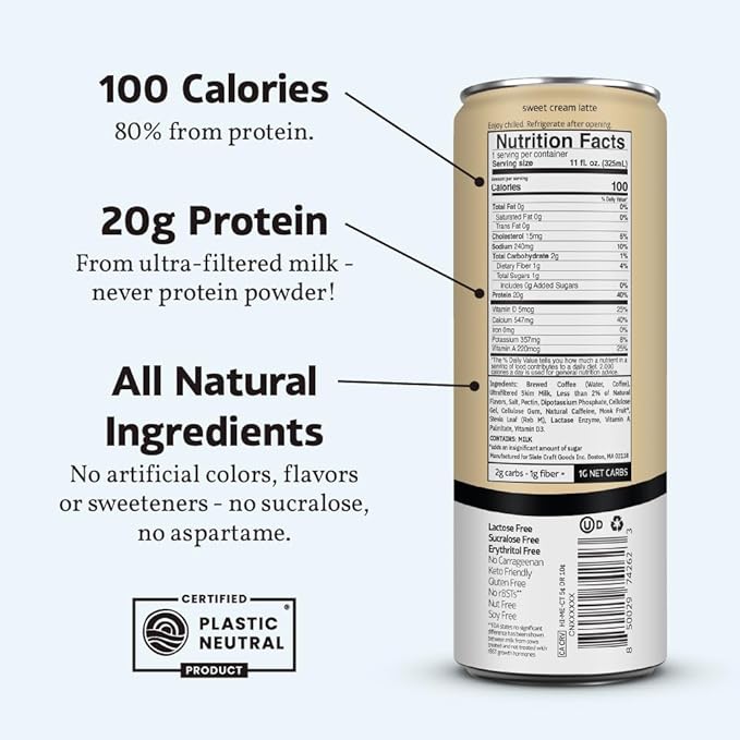 Slate Milk - High Protein Iced Coffee - Sweet Cream Latte - 175mg Caffeine, Lactose Free Energy - 20g Protein, 1g Sugar, 100 Calories, 1g Net Carbs, No Sugar Added - Protein Coffee - 11 fl oz, 12 Cans