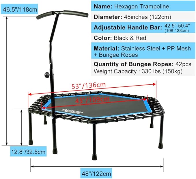 ONETWOFIT 48" Silent Mini Trampoline with Adjustable Handle Bar Fitness Trampoline Bungee Rebounder Jumping Cardio Trainer Workout for Adults