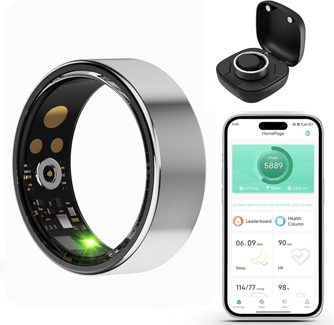Smart Wellness Ring, Stylish Fitness Tracker with Heart Rate, Blood Oxygen, Blood Pressure, Sleep & Step Monitor. IP68 Waterproof, No Subscription, iOS & Android Compatible (Silver, 11)