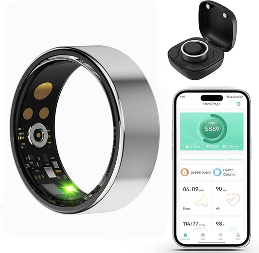 Smart Wellness Ring, Stylish Fitness Tracker with Heart Rate, Blood Oxygen, Blood Pressure, Sleep & Step Monitor. IP68 Waterproof, No Subscription, iOS & Android Compatible (Silver, 9)