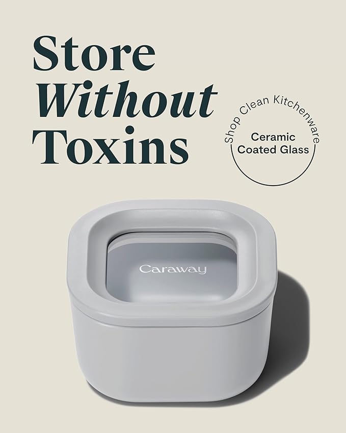 Caraway 2pc Glass Food Storage Set - 1.75 Cup Food Containers (2) - Non-Toxic Ceramic-Coated Glass - Air Release Technology - Compact & Stackable Design - Gray