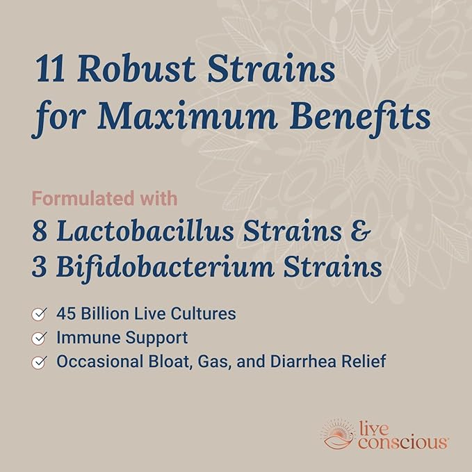 Live Conscious PRO45 Probiotics for Women & Men: Comprehensive Formula, 45 Billion CFU, 11 Strains, Dairy Free - w/Prebiotics and Probiotics - Promotes Immune & Gut Health - 30 Veggie Caps