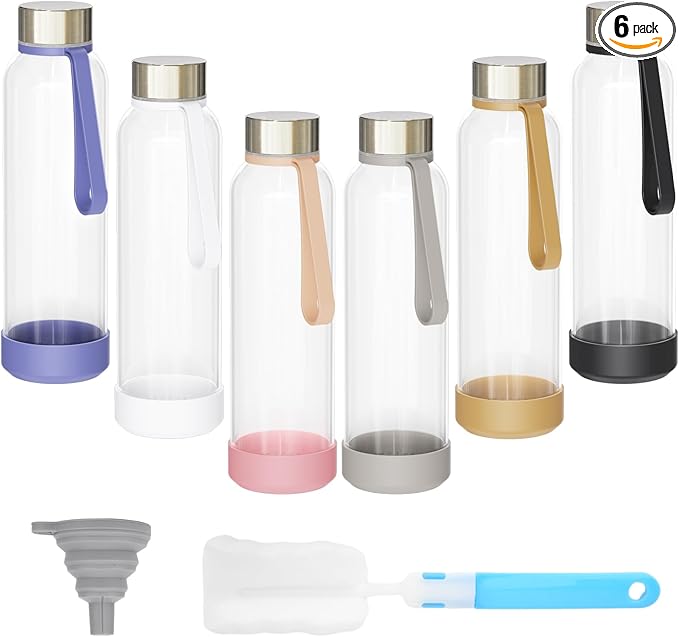 Sursip 18 oz Glass Water Bottles with Lids, Juice Bottles, Clear glass juice bottle for juicing, Eco-Friendly Reusable Glass Juicing Bottles with Stainless Steel Lid, BPA Free,Leak-Proof, Set of 6