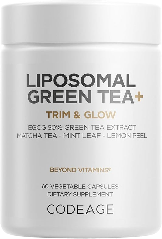Codeage Liposomal Green Tea+ EGCG 50% Green Tea Extract, Organic Matcha Green Tea Powder, Peppermint Leaf, Lemon Peel, Liposomal Delivery - Vegan Pils Supplement - Non-GMO - 60 Capsules