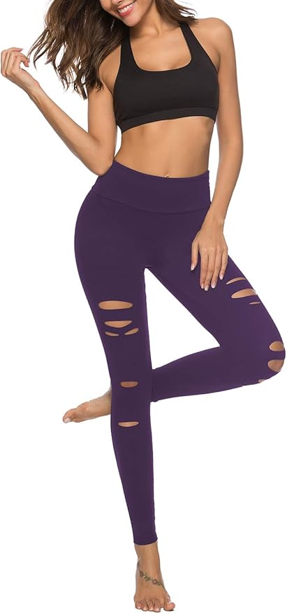 DIBAOLONG Womens High Waist Yoga Pants Cutout Ripped Tummy Control Workout Running Yoga Skinny Leggings