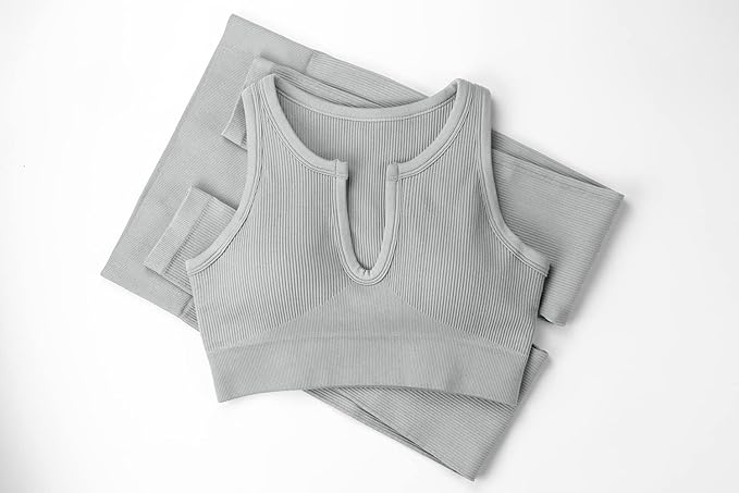 QINSEN Workout Outfits for Women 2 Piece Ribbed Seamless Crop Tank High Waist Yoga Leggings Sets