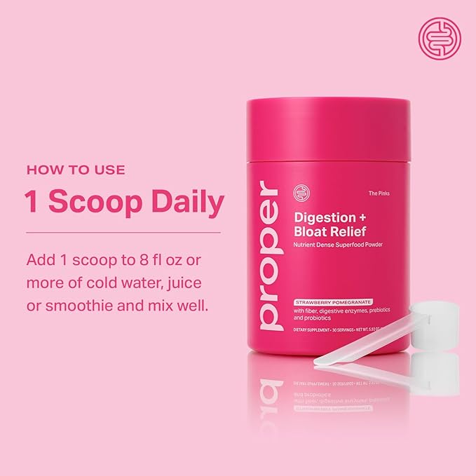 Proper, The Pinks Digestion and Bloat Relief. Drink Mix with Gut Health Probiotics, Prebiotics, Beet Root & Enzymes for Digestive Support. Bloating and Microbiome Supplement for Women and Men