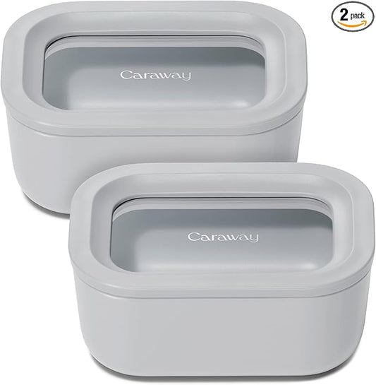 Caraway 2pc Glass Food Storage Set - 2.6 Cup Food Containers (2) - Non-Toxic Ceramic-Coated Glass - Air Release Technology - Compact & Stackable Design - Gray