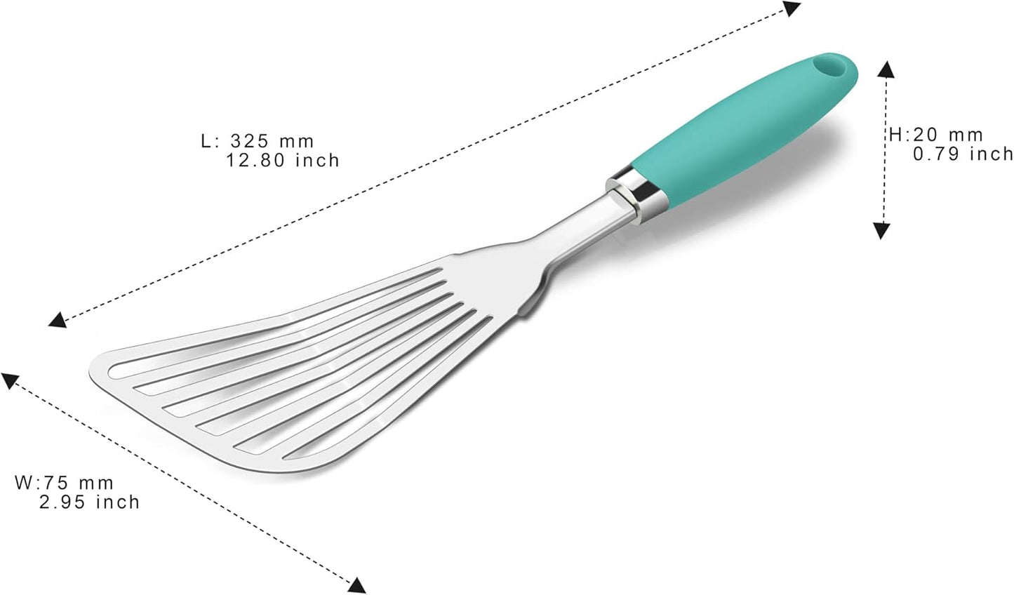 304 Stainless Steel Fish Spatula, Non-Slip Ergonomic Handle Slotted Spatula, Aqua Sky