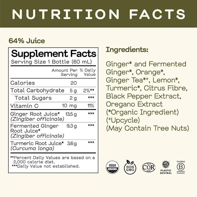 Greenhouse Juice Organic Fiery Ginger Wellness Shots 24-Count 60ml Glass Bottles | Vegan & Gluten-Free