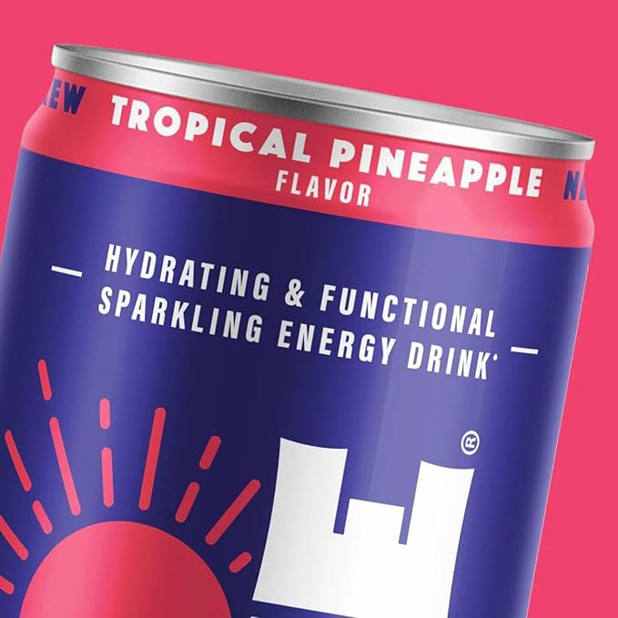 Sunshine Sparkling Energy Drink, Tropical Pineapple with Daily Essential Vitamins, 360mg of Electrolytes, 70mg of Natural Caffeine, 12 Fl Oz (Pack of 24)