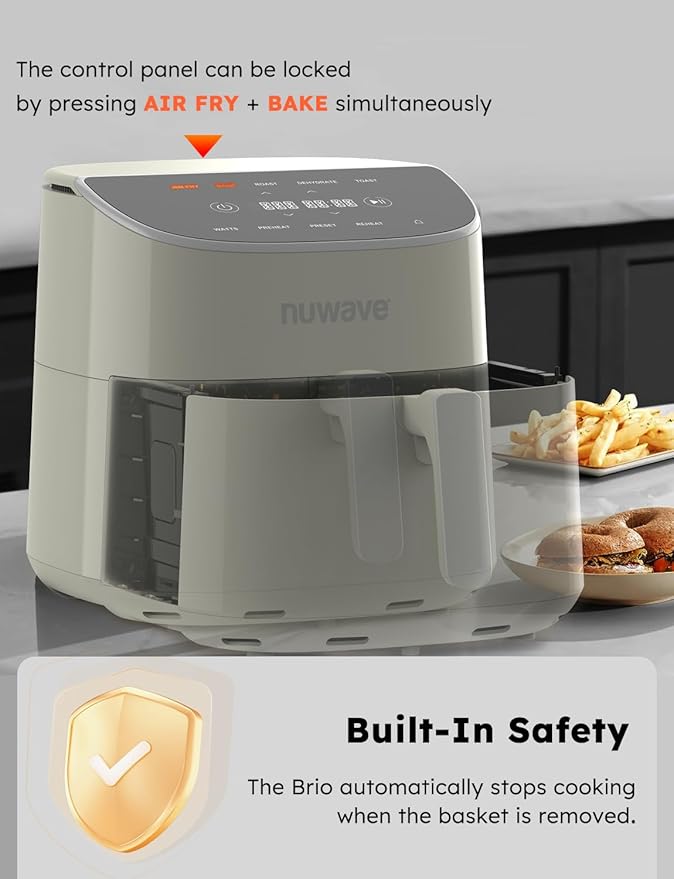 Nuwave Brio Plus 8 Qt Air Fryer, PFAS Free, New & Improved, Digital Touch Screen, Cool White Display, 50°F~400°F in Precise 5°, 5 Cook Functions, 100 Presets & 50 Memory, 3 Wattages 700, 1500, 1800